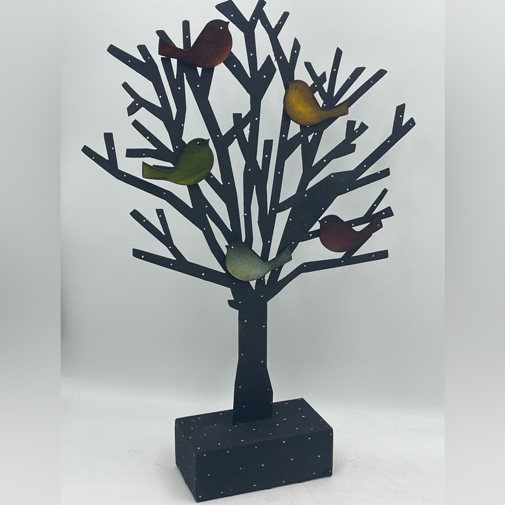 Pier 1: Black Metal Jewelry Tree Sculpture on Pedestal Base w/ 5 Magnetic Birds